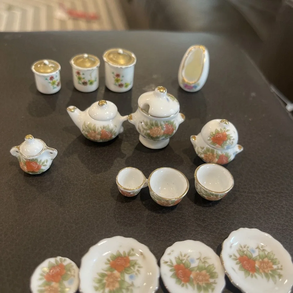 Miniature Tea Set with Flower Design 15‎ Pics, 3 Canister Set Different Design